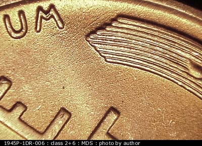 Die-stage B marker on 1945P•1DR•006 (1945 Doubled Die Reverse).