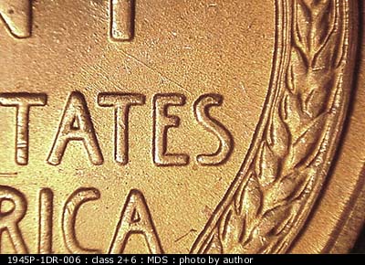 Die-stage B marker on 1945P•1DR•006 (1945 Doubled Die Reverse).