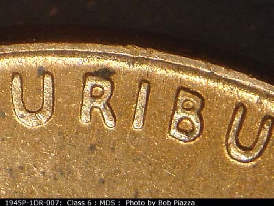 Die-stage B marker on 1945P•1DR•007 (1945 Doubled Die Reverse).