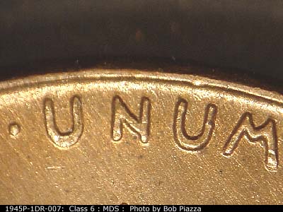 Die-stage B marker on 1945P•1DR•007 (1945 Doubled Die Reverse).