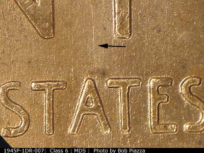 Die-stage B marker on 1945P•1DR•007 (1945 Doubled Die Reverse).