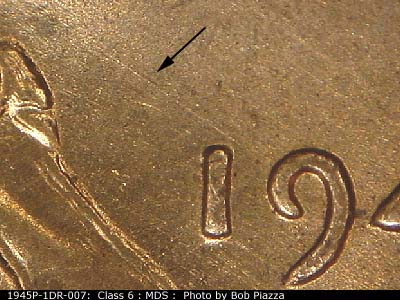 Die-stage B marker on 1945P•1DR•007 (1945 Doubled Die Reverse).