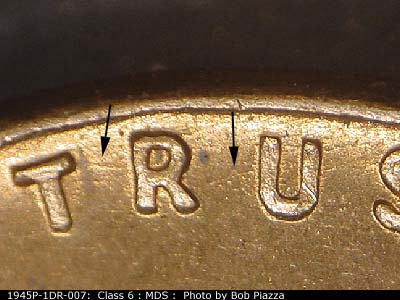 Die-stage B marker on 1945P•1DR•007 (1945 Doubled Die Reverse).