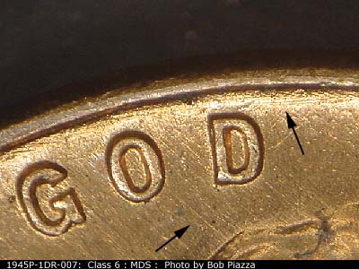 Die-stage B marker on 1945P•1DR•007 (1945 Doubled Die Reverse).
