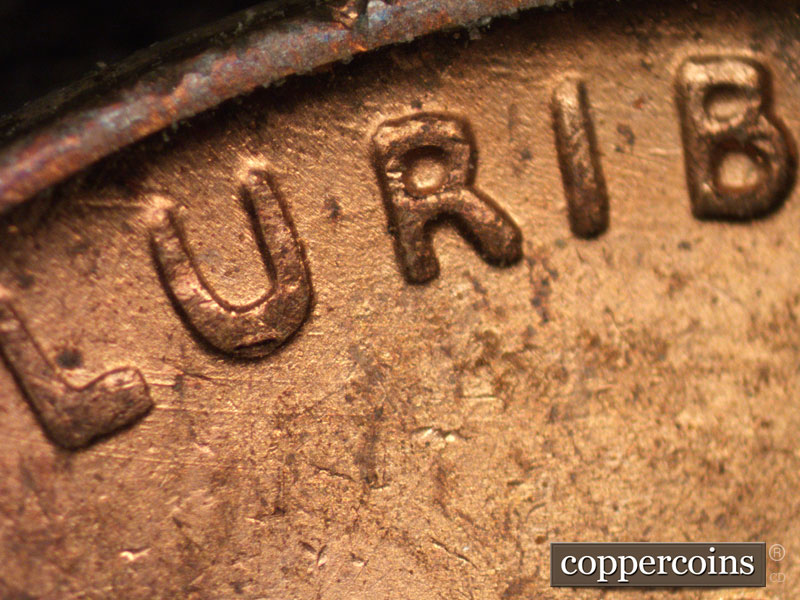 Die-stage B marker on 1945P•1DR•008 (1945 Doubled Die Reverse).