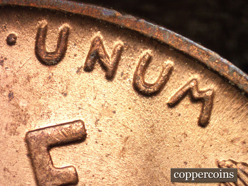 Die-stage B marker on 1945P•1DR•008 (1945 Doubled Die Reverse).