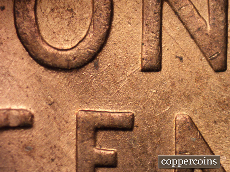 Die-stage B marker on 1945P•1DR•008 (1945 Doubled Die Reverse).