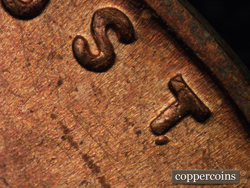 Die-stage B marker on 1945P•1DR•008 (1945 Doubled Die Reverse).