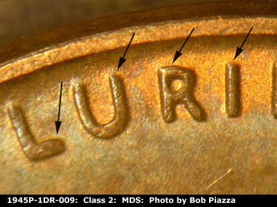 Die-stage B marker on 1945P•1DR•009 (1945 Doubled Die Reverse).
