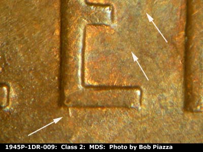 Die-stage B marker on 1945P•1DR•009 (1945 Doubled Die Reverse).