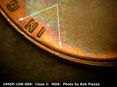 Die-stage B marker on 1945P•1DR•009 (1945 Doubled Die Reverse).