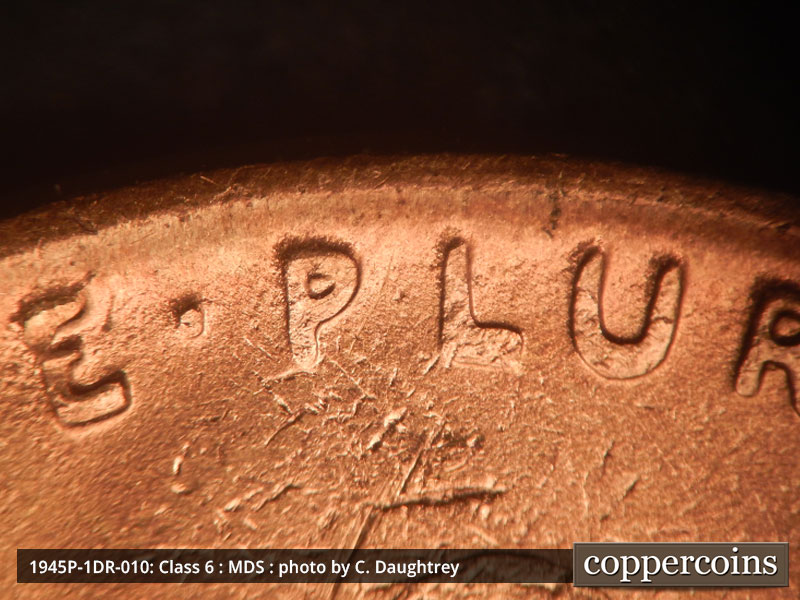 Die-stage B marker on 1945P•1DR•010 (1945 Doubled Die Reverse).