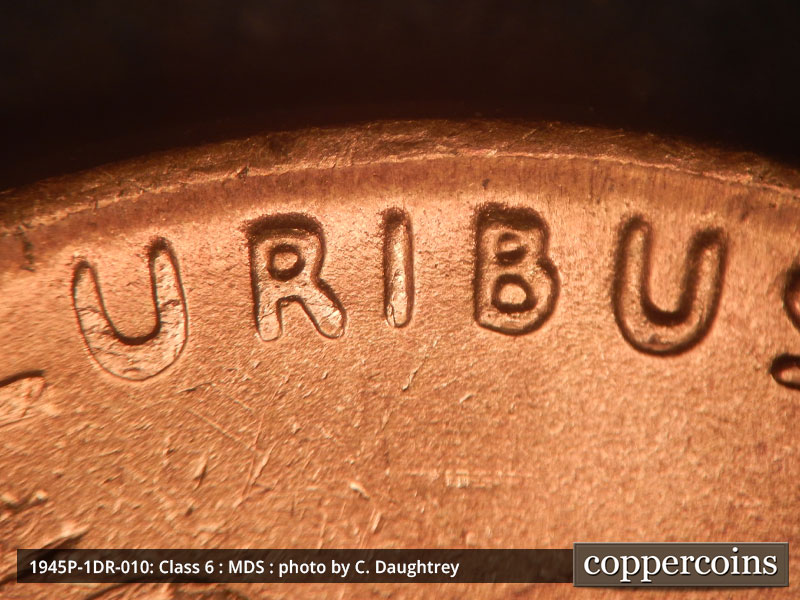 Die-stage B marker on 1945P•1DR•010 (1945 Doubled Die Reverse).