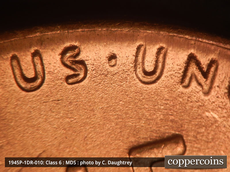 Die-stage B marker on 1945P•1DR•010 (1945 Doubled Die Reverse).