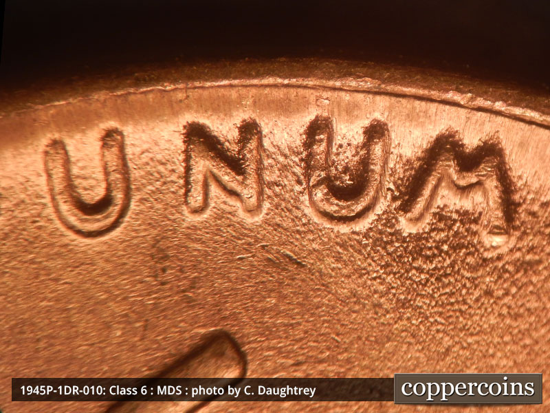 Die-stage B marker on 1945P•1DR•010 (1945 Doubled Die Reverse).