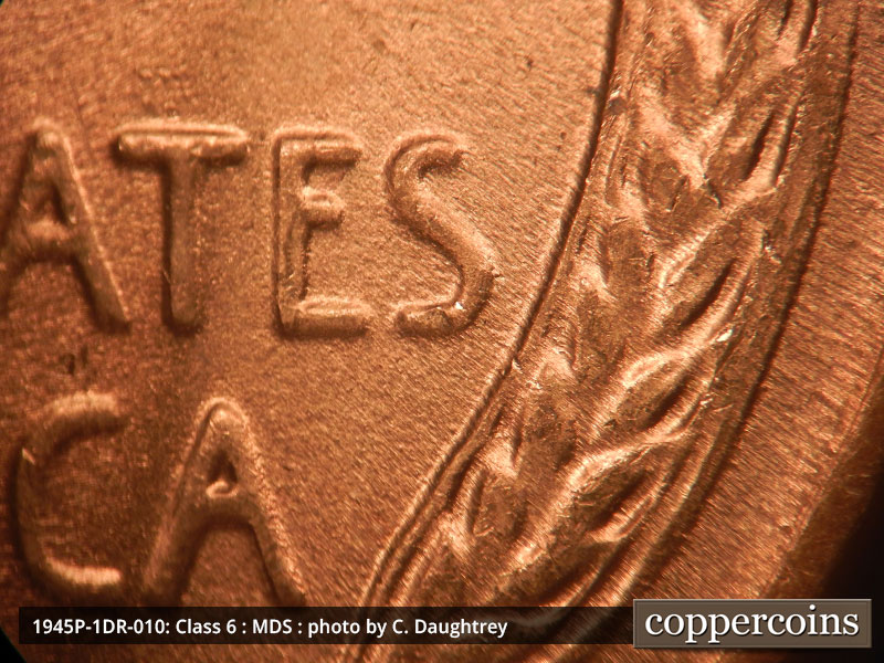 Die-stage B marker on 1945P•1DR•010 (1945 Doubled Die Reverse).