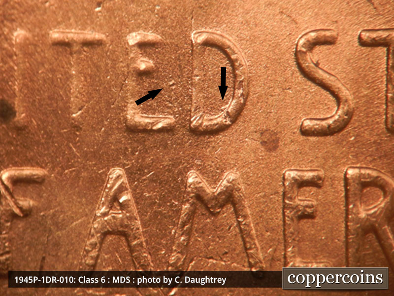 Die-stage B marker on 1945P•1DR•010 (1945 Doubled Die Reverse).