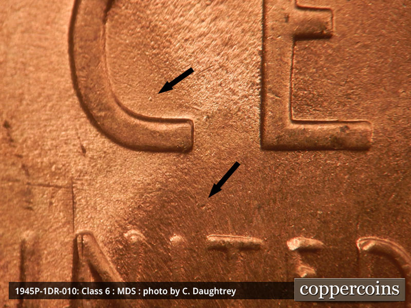 Die-stage B marker on 1945P•1DR•010 (1945 Doubled Die Reverse).