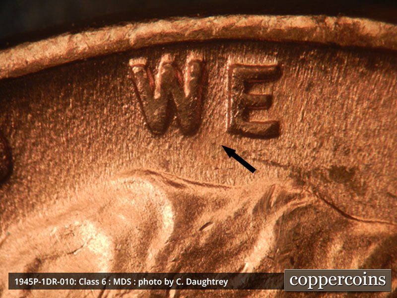 Die-stage B marker on 1945P•1DR•010 (1945 Doubled Die Reverse).