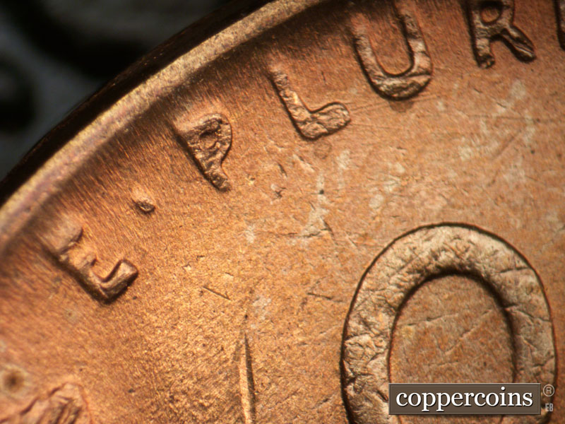 Die-stage C marker on 1945P•1DR•013 (1945 Doubled Die Reverse).