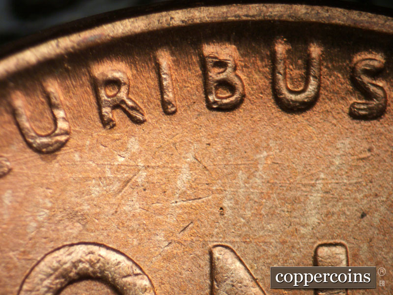 Die-stage C marker on 1945P•1DR•013 (1945 Doubled Die Reverse).