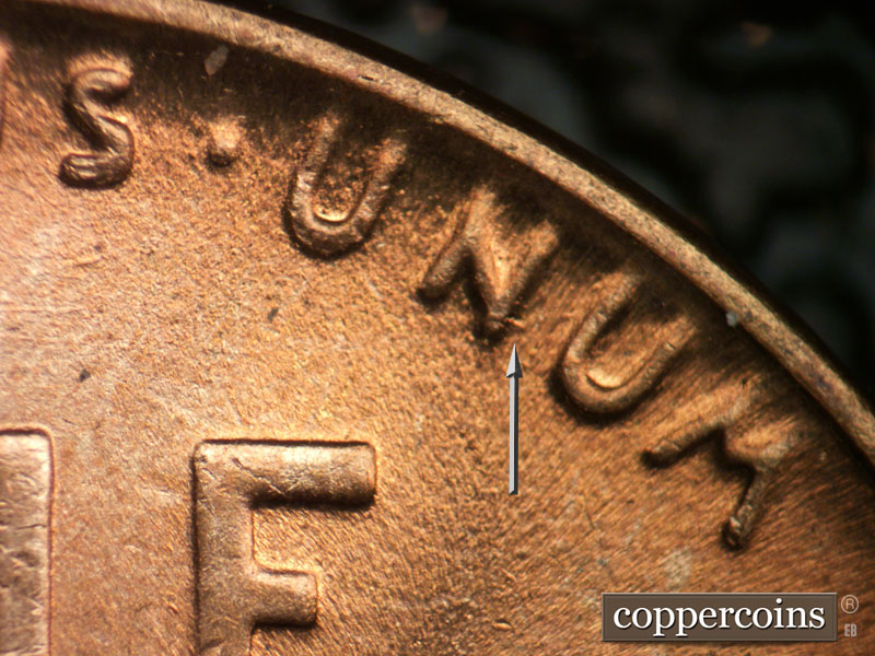 Die-stage C marker on 1945P•1DR•013 (1945 Doubled Die Reverse).