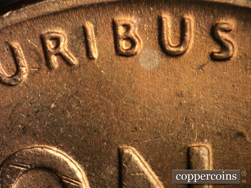 Die-stage B marker on 1945P•1DR•014 (1945 Doubled Die Reverse).