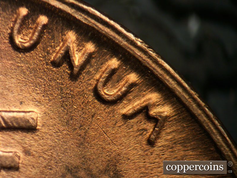 Die-stage B marker on 1945P•1DR•014 (1945 Doubled Die Reverse).
