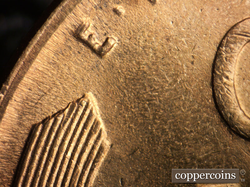 Die-stage B marker on 1945P•1DR•014 (1945 Doubled Die Reverse).