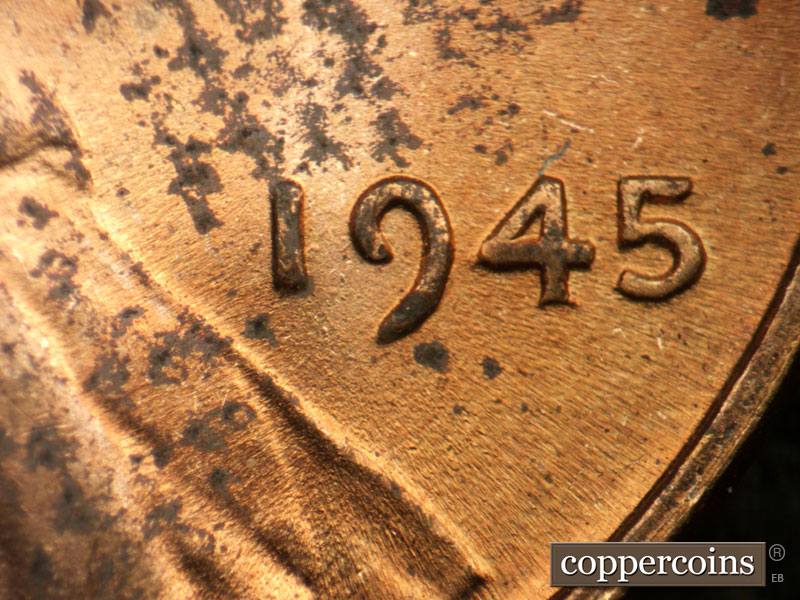Die-stage B marker on 1945P•1DR•014 (1945 Doubled Die Reverse).