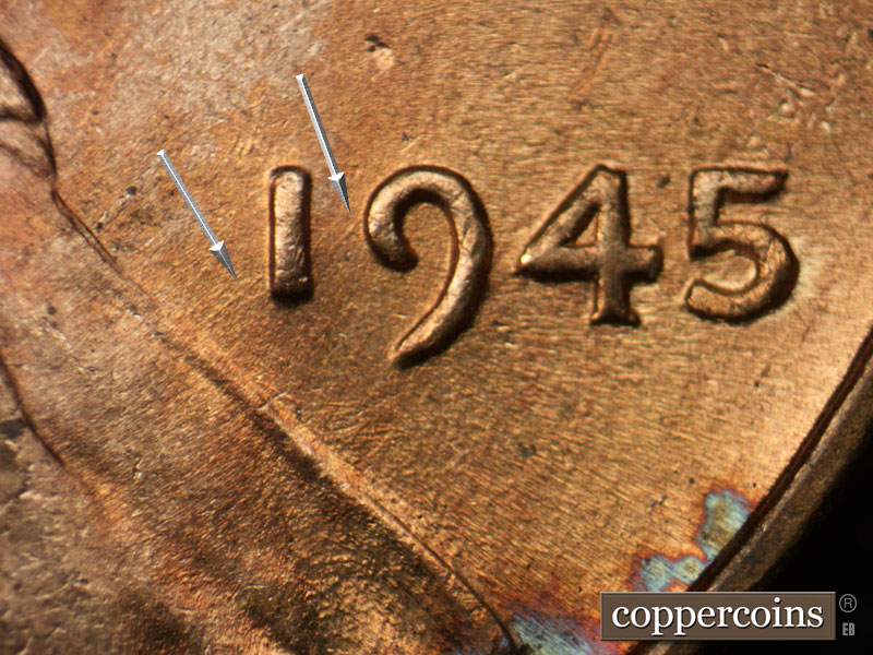 Die-stage B marker on 1945P•1DR•015 (1945 Doubled Die Reverse).