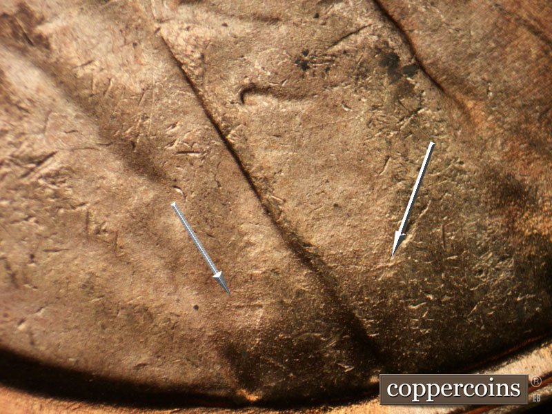 Die-stage B marker on 1945P•1DR•015 (1945 Doubled Die Reverse).