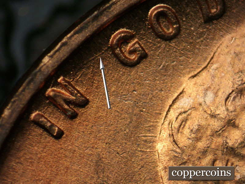 Die-stage B marker on 1945P•1DR•015 (1945 Doubled Die Reverse).
