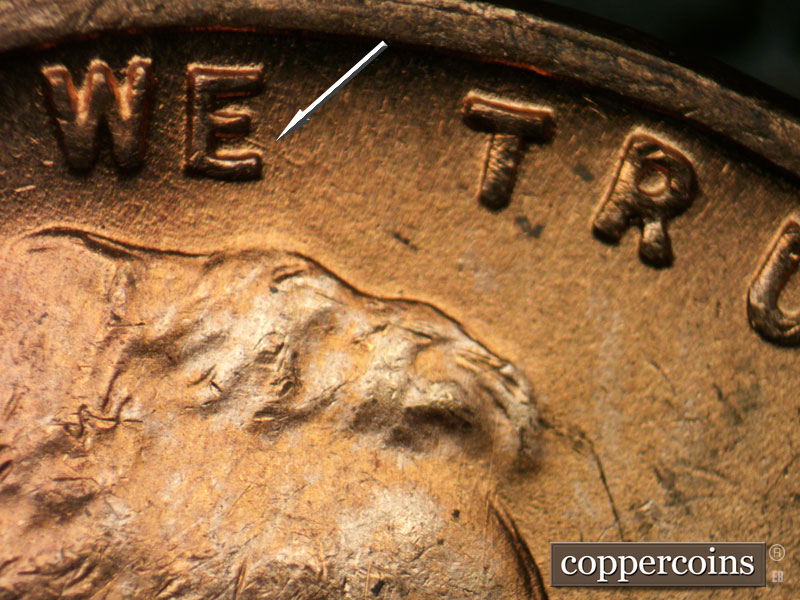 Die-stage B marker on 1945P•1DR•015 (1945 Doubled Die Reverse).