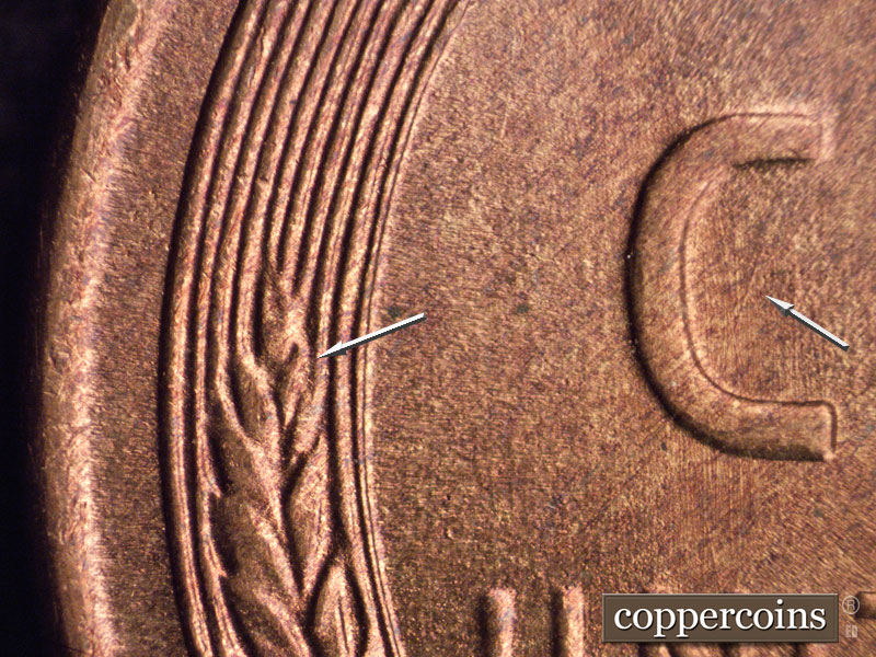 Die-stage B marker on 1945S•1DO•003 (1945 Doubled Die Obverse).