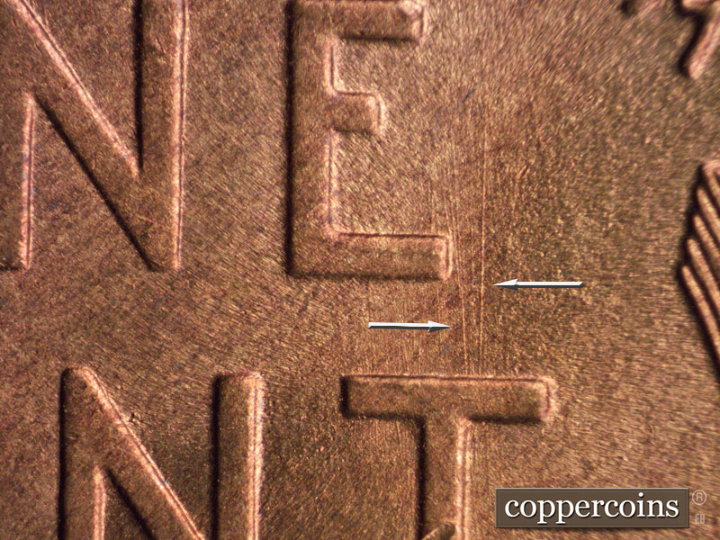 Die-stage B marker on 1945S•1DO•003 (1945 Doubled Die Obverse).