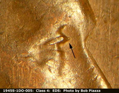 Die-stage A marker on 1945S•1DO•005 (1945 Doubled Die Obverse).