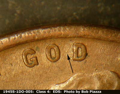Die-stage A marker on 1945S•1DO•005 (1945 Doubled Die Obverse).