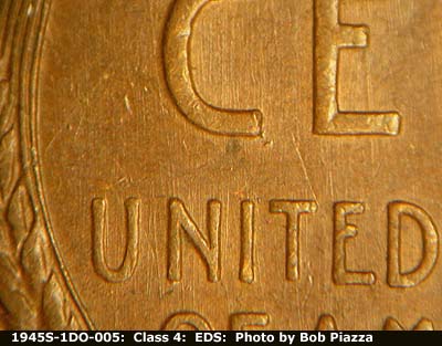 Die-stage A marker on 1945S•1DO•005 (1945 Doubled Die Obverse).