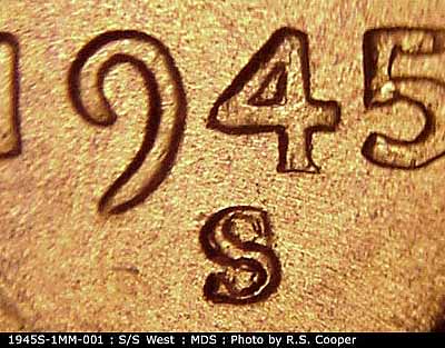 1945 Lincoln cent obverse, CopperCoins die 1945S•1MM•001.