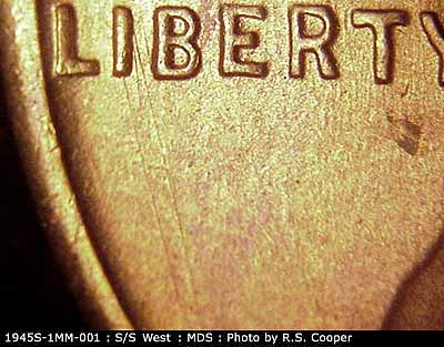 Die-stage B marker on 1945S•1MM•001 (1945 Repunched Mint Mark).