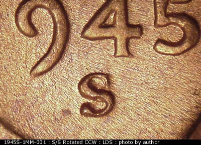 Die-stage C marker on 1945S•1MM•001 (1945 Repunched Mint Mark).
