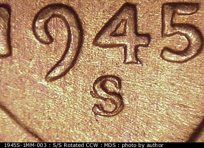 1945 Lincoln cent obverse, CopperCoins die 1945S•1MM•003.