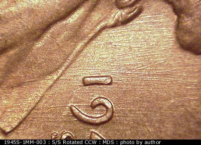 Die-stage B marker on 1945S•1MM•003 (1945 Repunched Mint Mark).