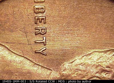 Die-stage B marker on 1945S•1MM•003 (1945 Repunched Mint Mark).