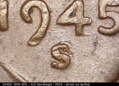 1945 Lincoln cent obverse, CopperCoins die 1945S•1MM•005.
