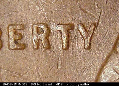 Die-stage B marker on 1945S•1MM•005 (1945 Repunched Mint Mark).