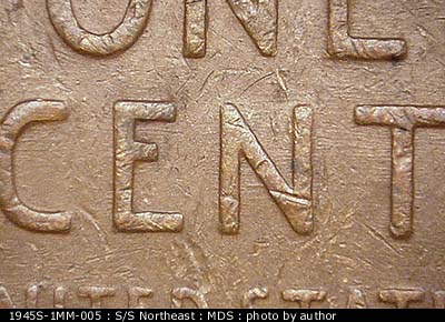 Die-stage B marker on 1945S•1MM•005 (1945 Repunched Mint Mark).