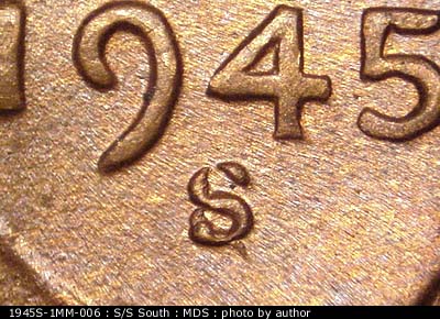 1945 Lincoln cent obverse, CopperCoins die 1945S•1MM•006.