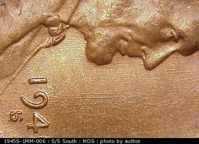 Die-stage B marker on 1945S•1MM•006 (1945 Repunched Mint Mark).